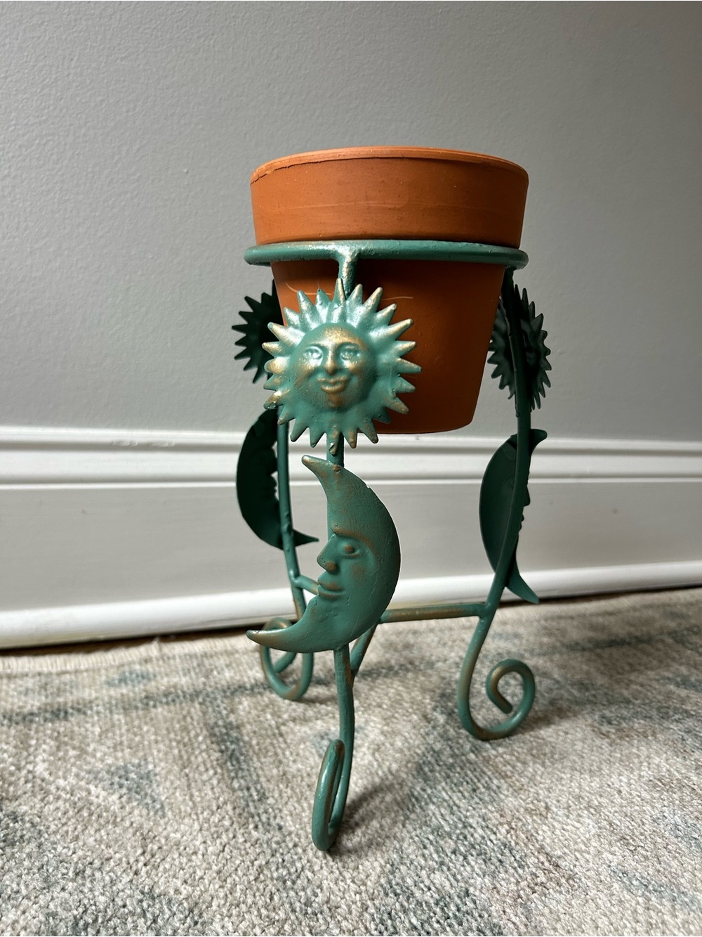 Sun & Moon Turquoise Metal Plant Stand for Terracotta Pot